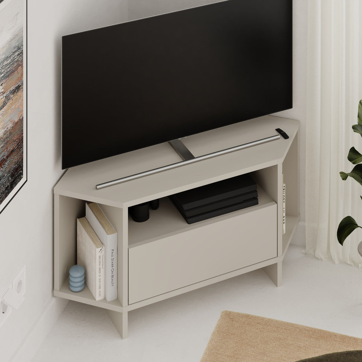 Decortieliving - Modern Viva Corner TV Unit – Compact Corner Stand with Shelves & Cabinet for 40-Inch TVs