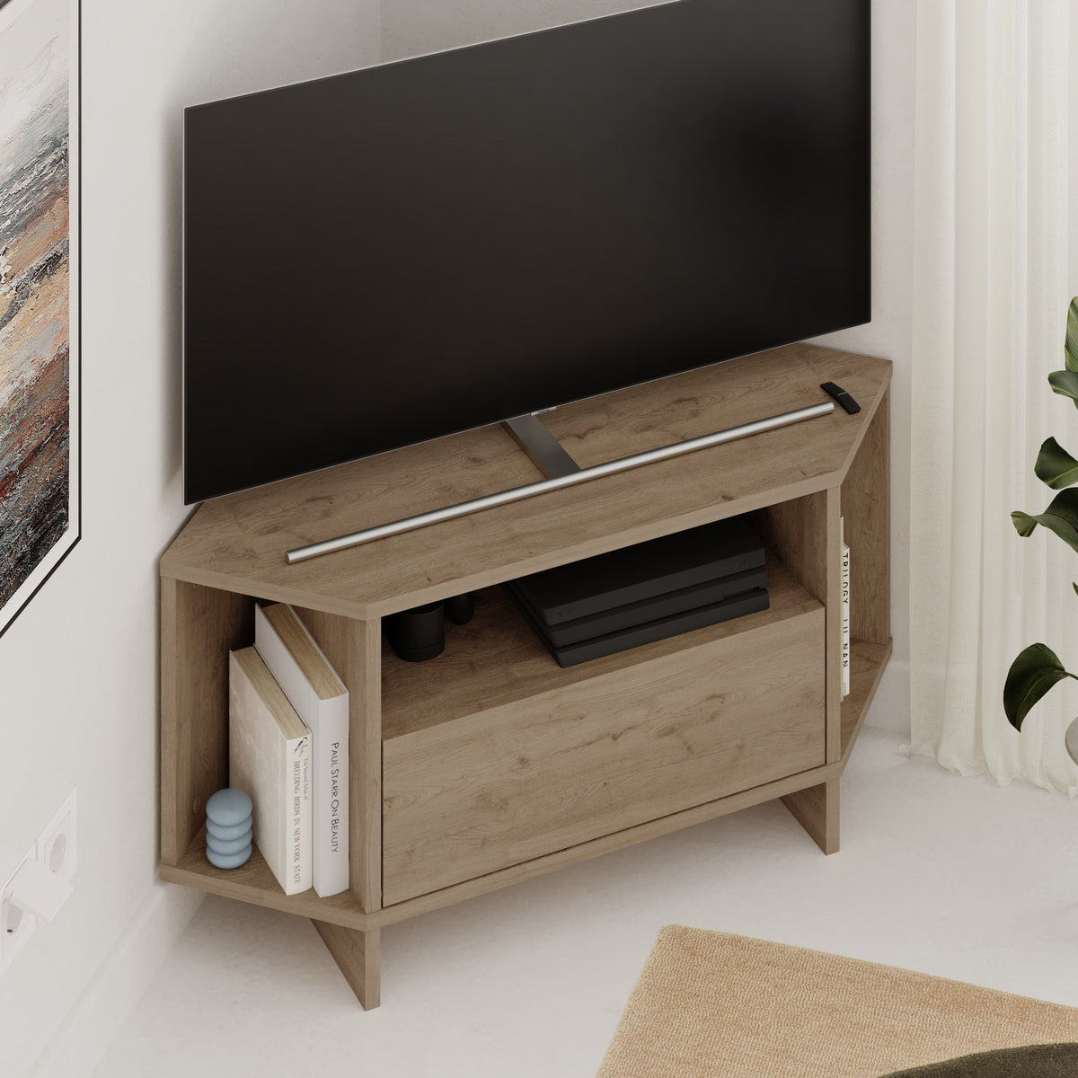 Decortieliving - Modern Viva Corner TV Unit – Compact Corner Stand with Shelves & Cabinet for 40-Inch TVs
