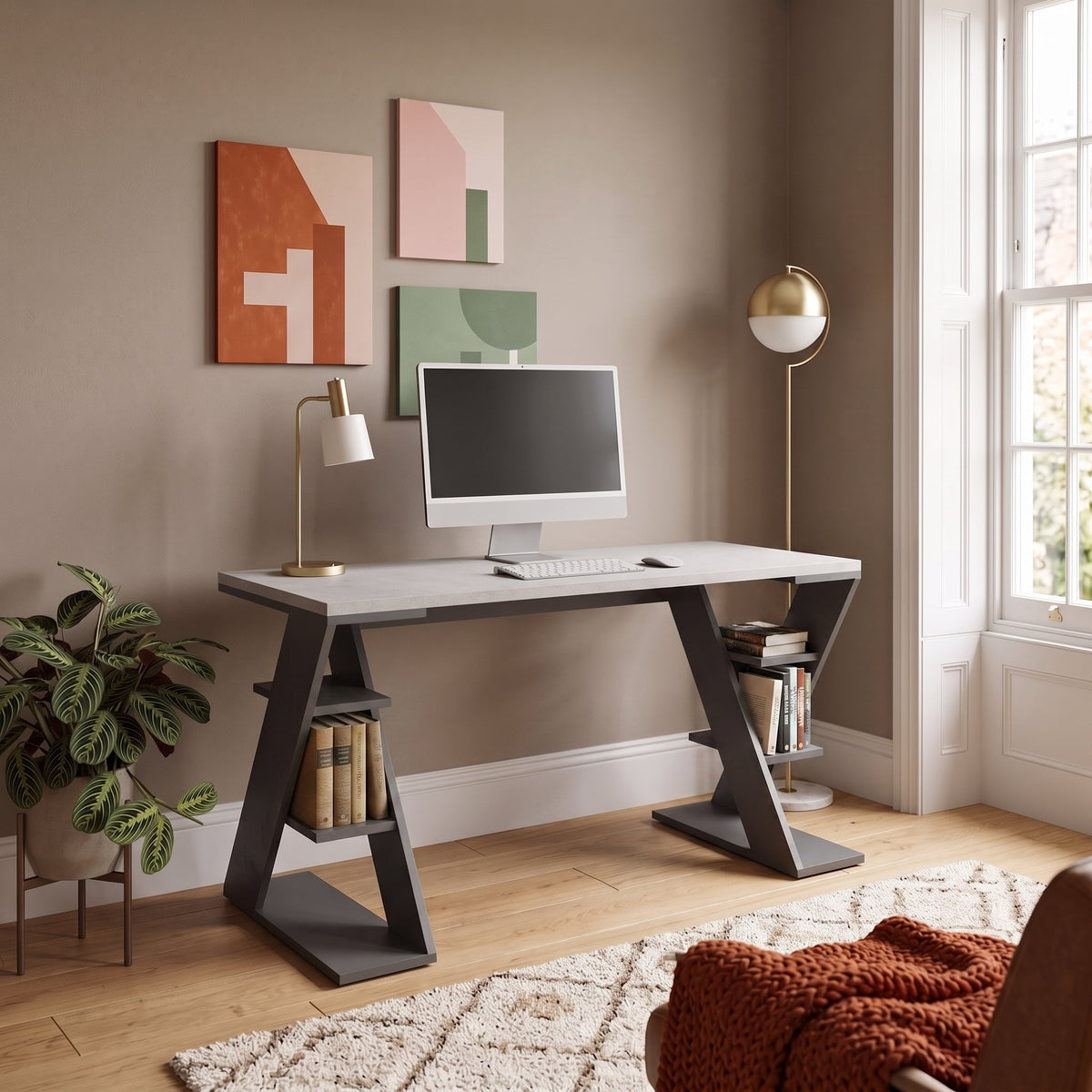 Decortieliving - Papillon Modern Desk With Bookshelf Legs Width 137cm